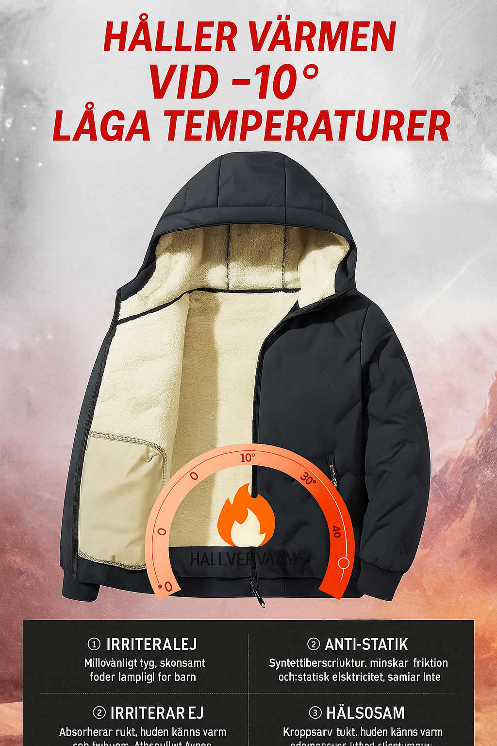 Vinterjacka med huva och dragkedja för män