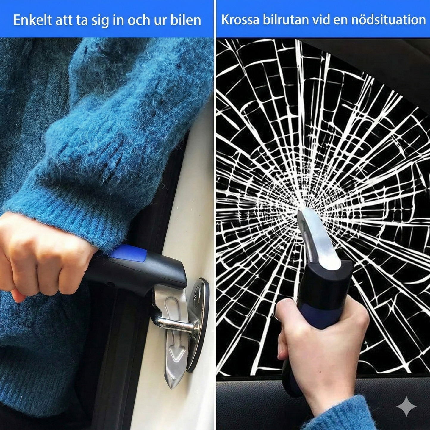 TryggResa™3-i-1 Stödhandtag för Bilen med Nödhammare & Bältesskärare