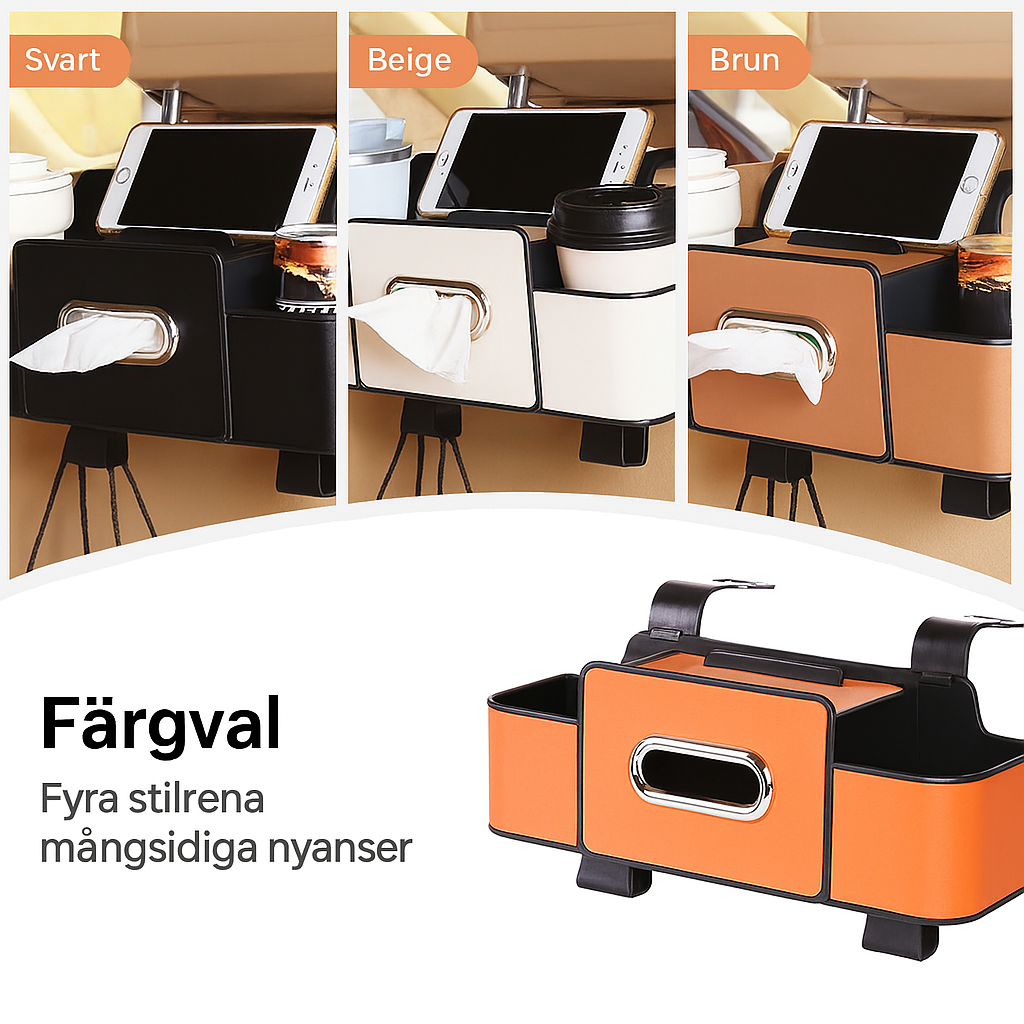 Multifunktionell förvaringsbox för bilens baksäte – med praktiska krokar för extra förvaring