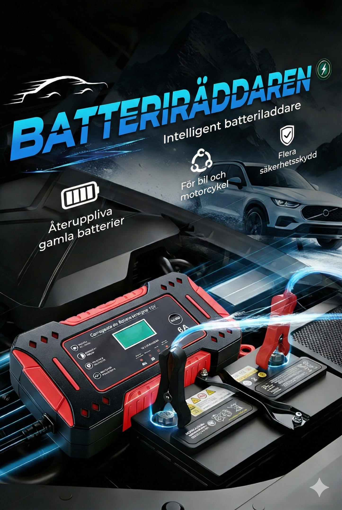Smart Batteriladdare 12V (Bil & MC) – Helautomatisk Underhållsladdare med Reparationsläge