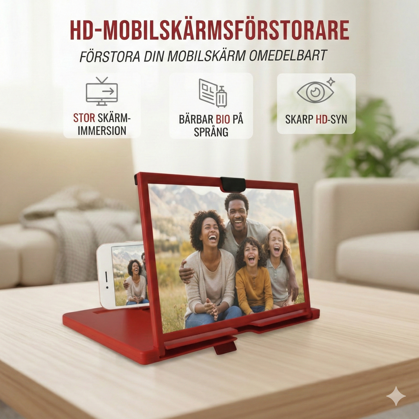 12" HD Skärmförstorare för Smartphone – 3D Förstoringsglas & Stativ för Mobiltelefon – Hopfällbar Design