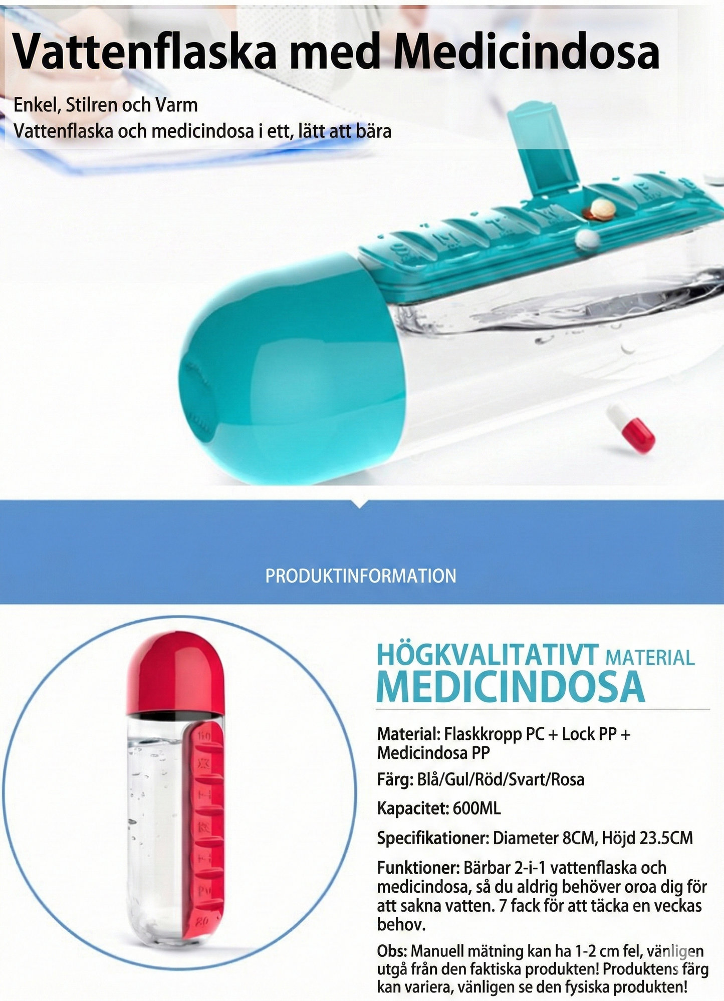 2-i-1 Vattenflaska med Medicindosett  – Smart Flaska med Inbyggd Pillerask (7 Dagar) för Resa & Träning