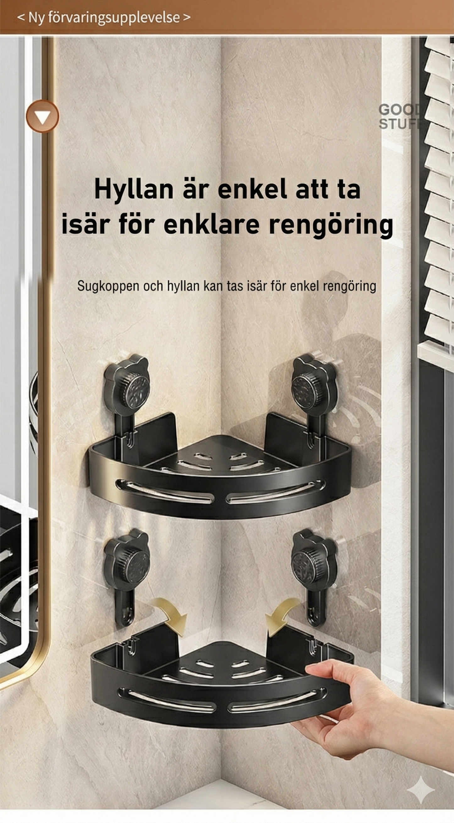 Borrfri hörnhylla med sugproppar – För badrum och kök