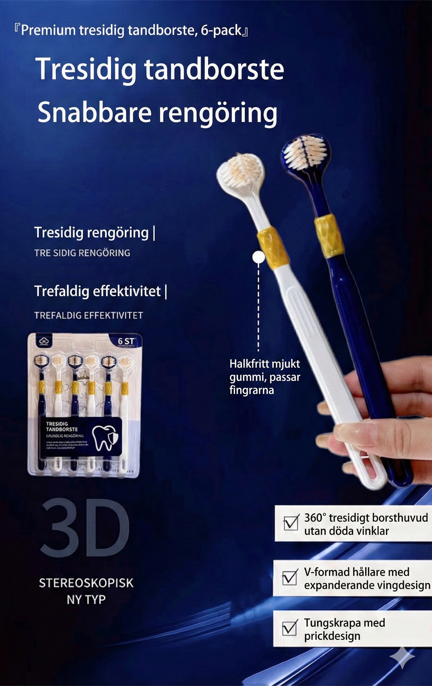 3-sidig Tandborste med Extra Mjuka Strån – 3D Omslutande Design för Djuprengöring