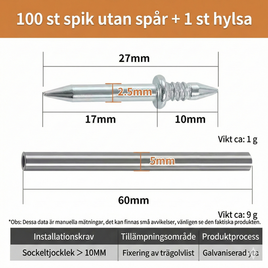 Dubbelhuvad Sockelspik för Golvlist (100-pack) – Osynlig Montering utan Spikhål – Inkl. Installationshylsa