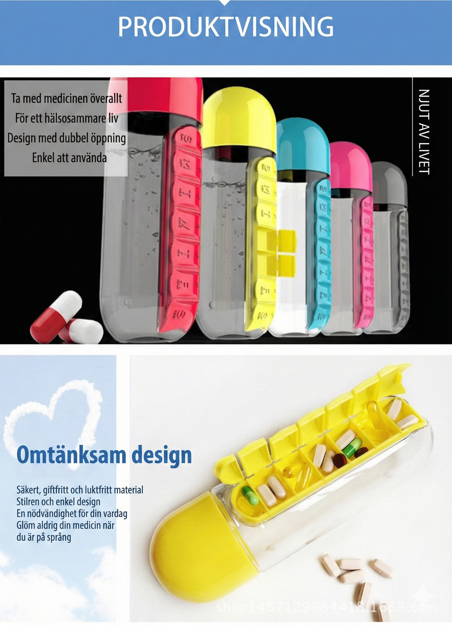 2-i-1 Vattenflaska med Medicindosett  – Smart Flaska med Inbyggd Pillerask (7 Dagar) för Resa & Träning