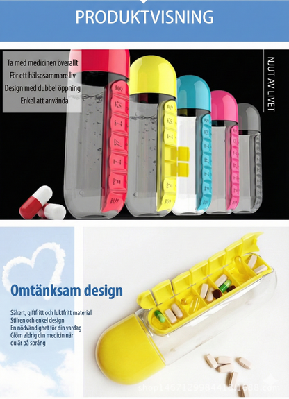 2-i-1 Vattenflaska med Medicindosett  – Smart Flaska med Inbyggd Pillerask (7 Dagar) för Resa & Träning
