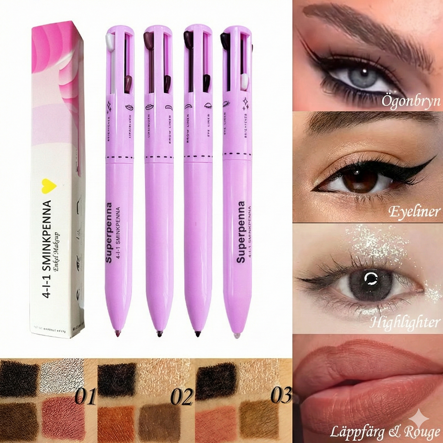 4-i-1 Multifunktionell Sminkpenna – Eyeliner, Bryn, Läppar & Highlighter