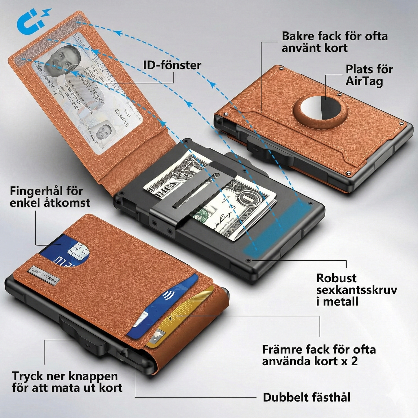 Smart AirTag-Plånbok för Herr – Pop-up Korthållare med Sedelklämma & RFID-skydd